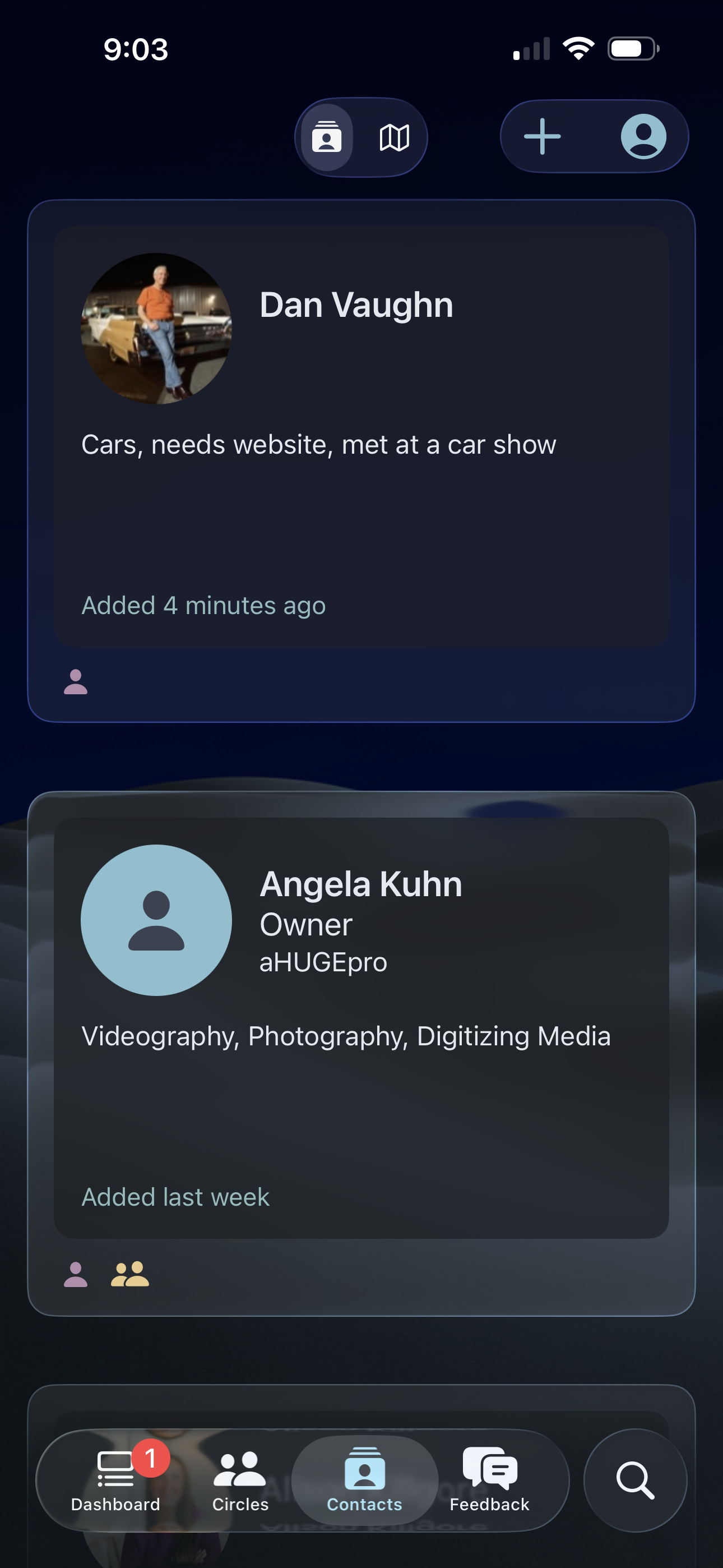 ConnectR contacts list with context
